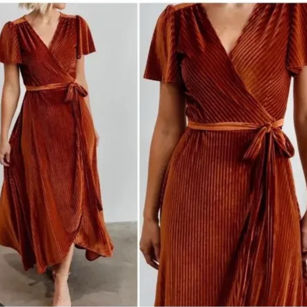 Baltic Born, Burnt Orange Ribbed Velvet Wrap Dress